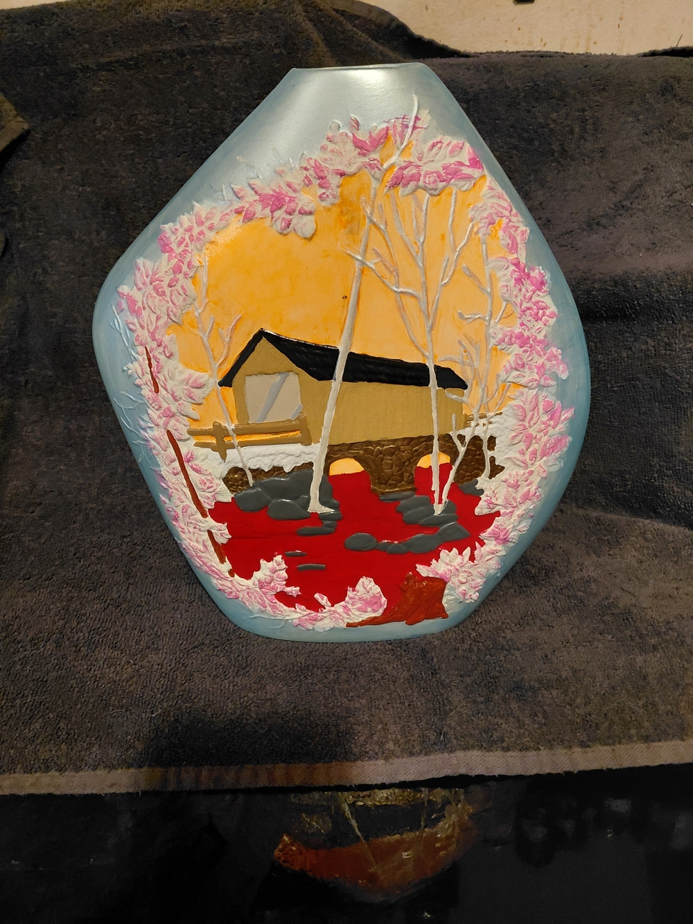 Hand-Painted Blue and Yellow Scenic Vase